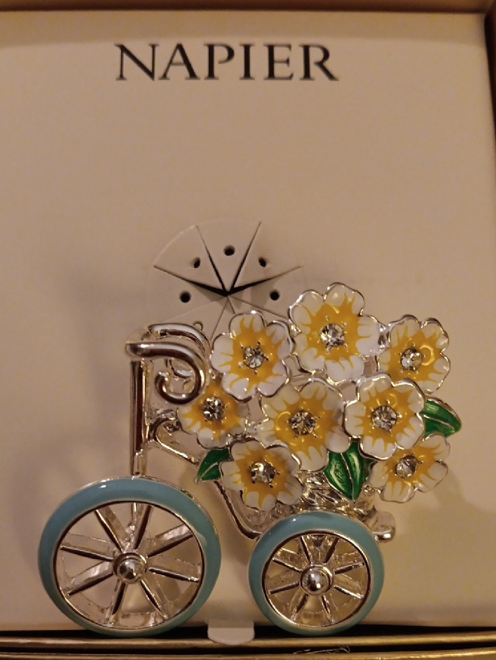 Napier Silver Tone Whimsical Flower Bicycle Pin Moving Wheels